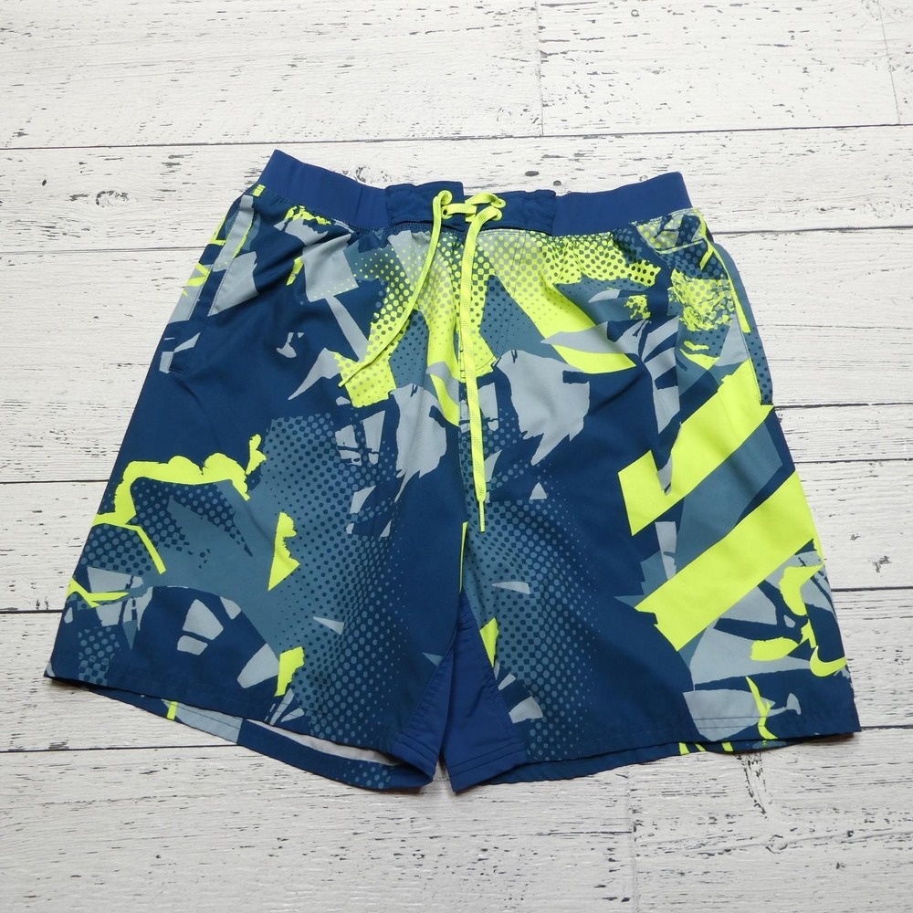 Nike‎ Swim Trunks Shorts Youth Large Blue Gray Neon Yellow Drawstring Mesh Lined